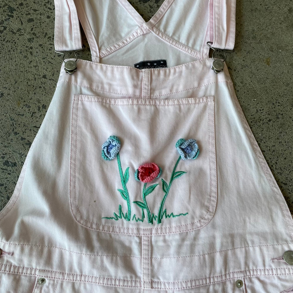 Baby Pink Crochet Flowers Short Overalls