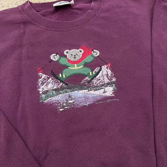 Embroidered Skiing Bear Vintage Sweater