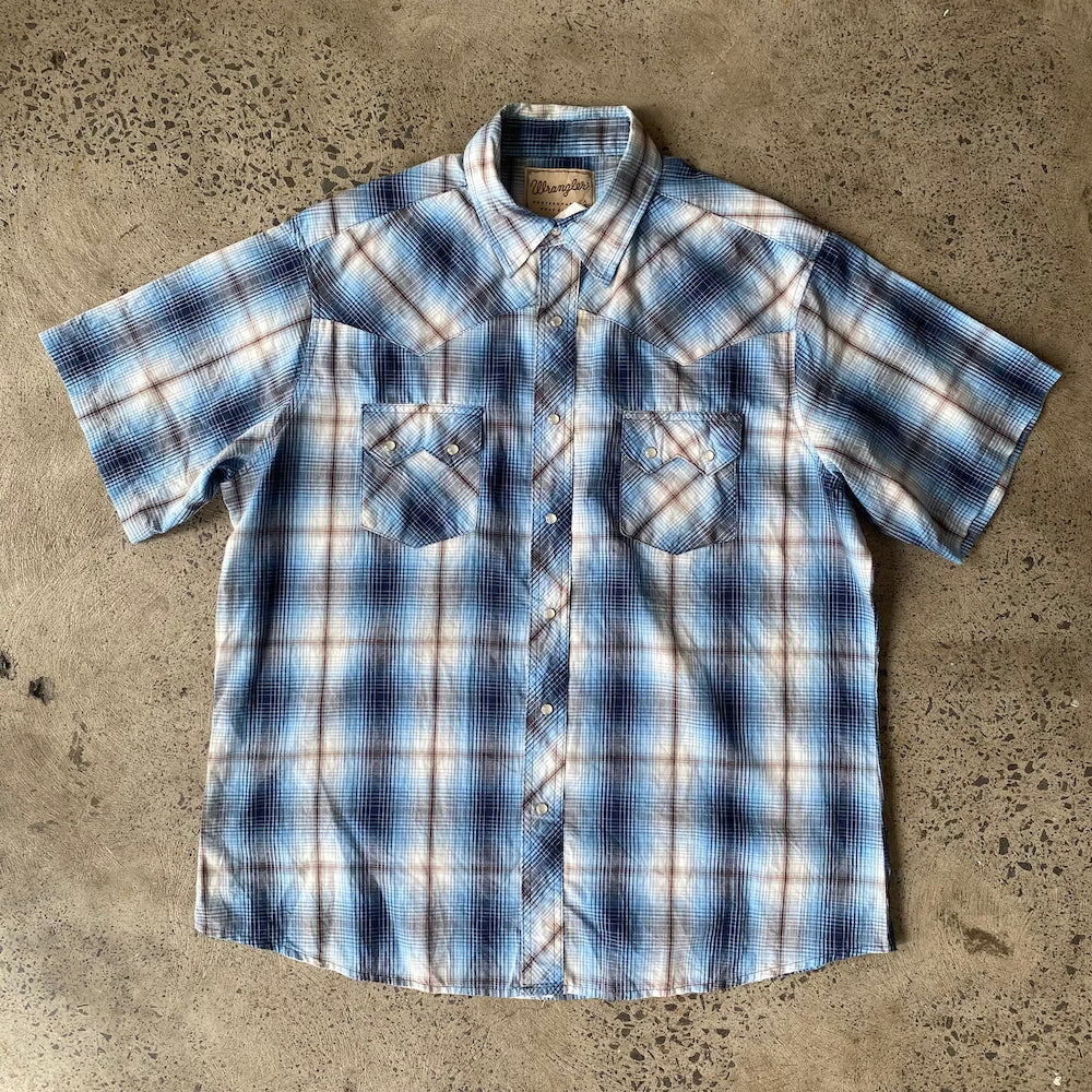 Blue Plaid Wrangler Western Short Sleeve Button Up