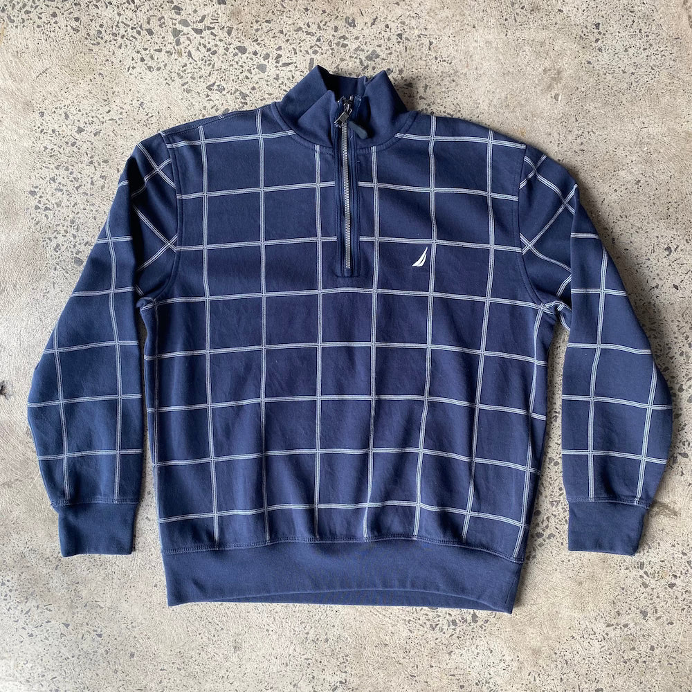 Nautica Grid Navy Blue Vintage Quarter Zip Sweater