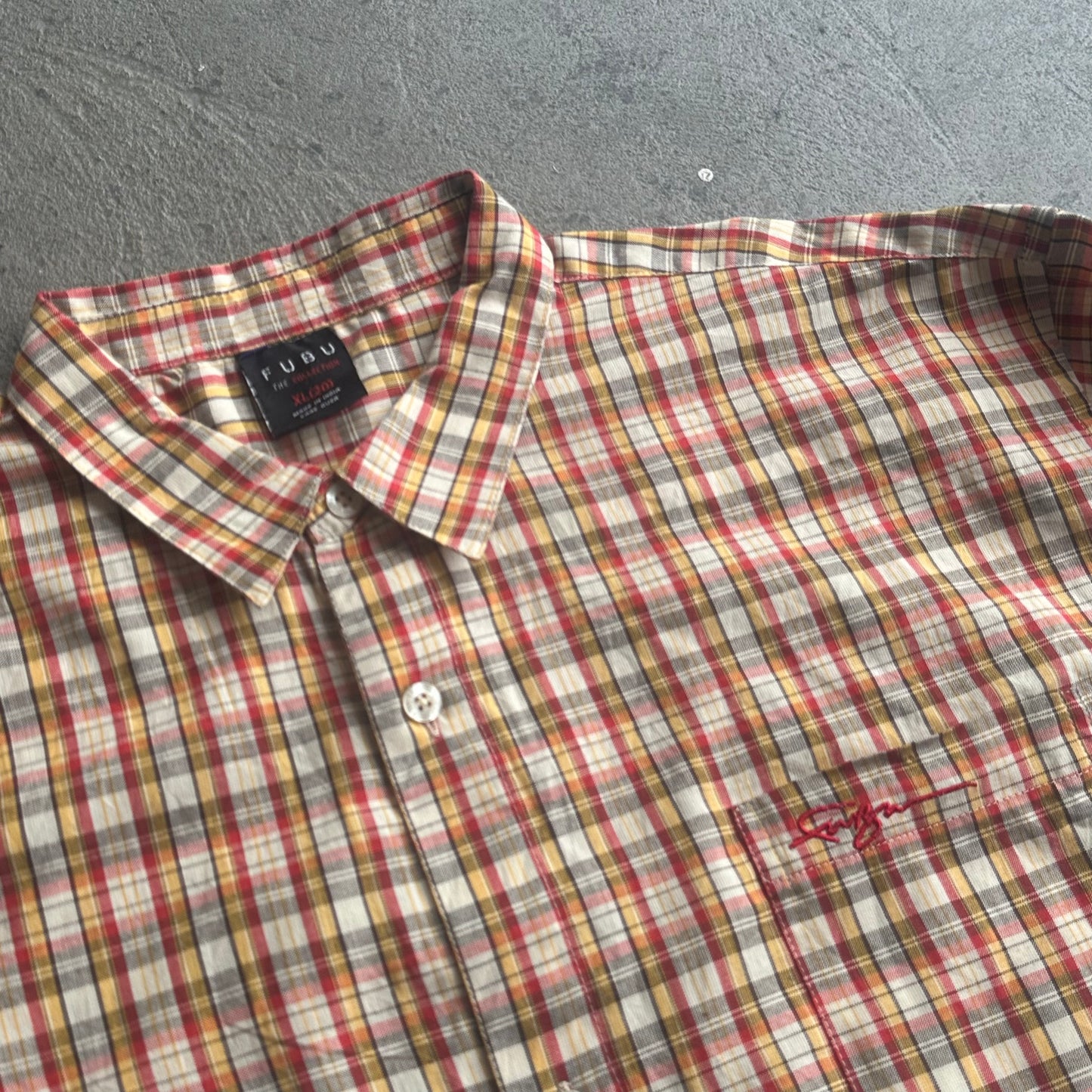 FUBU, Tartan Orange, Red and Yellow Long Sleeve Button Up
