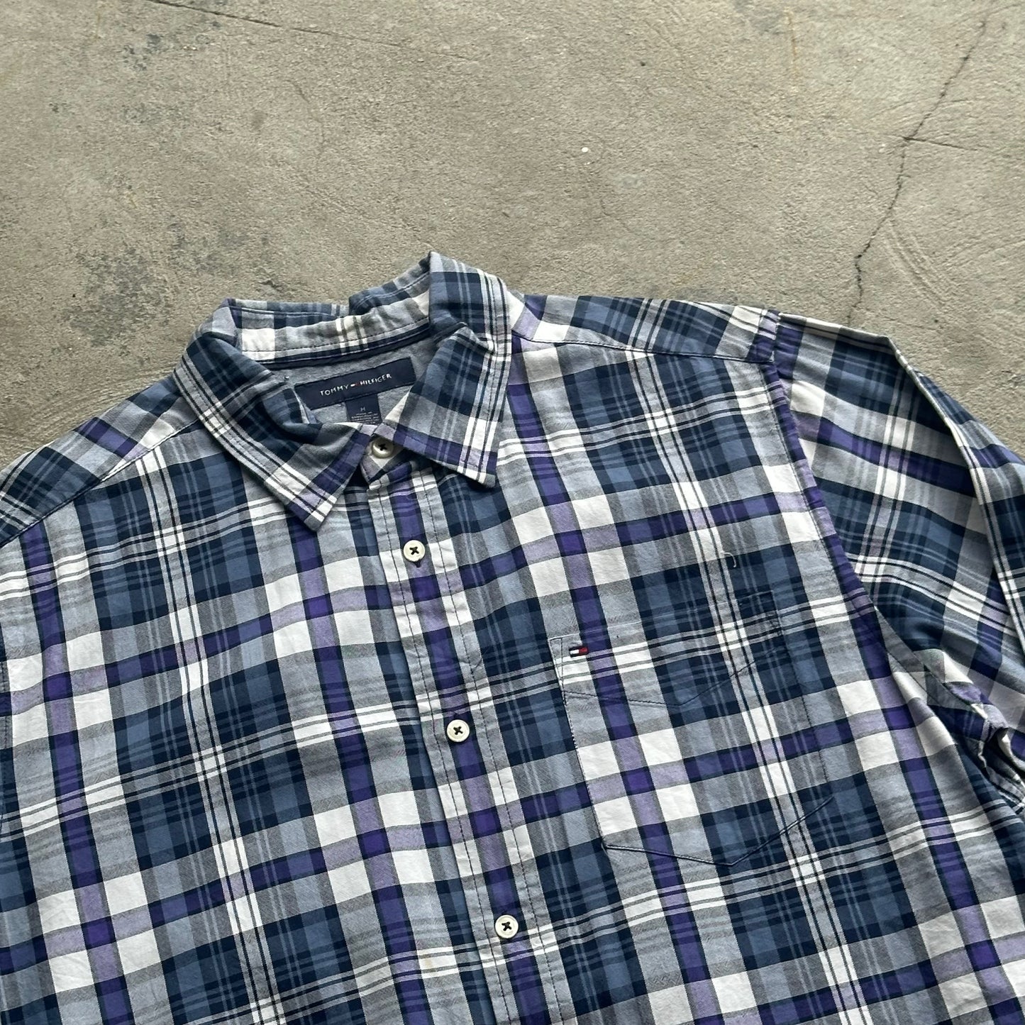 Tommy Hilfiger Blue, Purple and White Plaid Long Sleeved Button Up