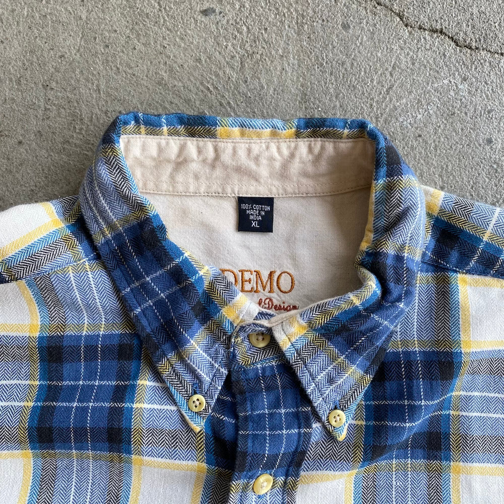 DEMO White/Blue/Yellow/Black Plaid Long Sleeve Button Up