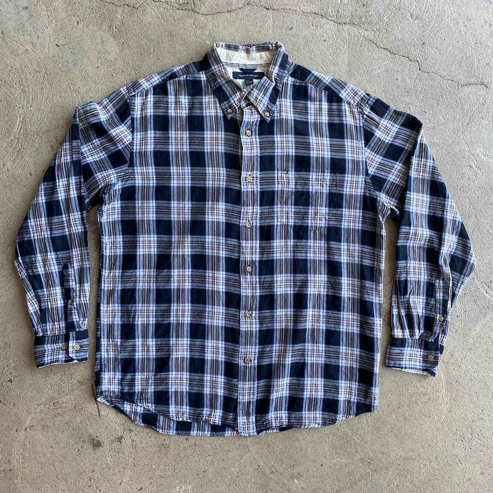 Tommy Hilfiger Black/Blue/White Plaid Long Sleeve Button Up