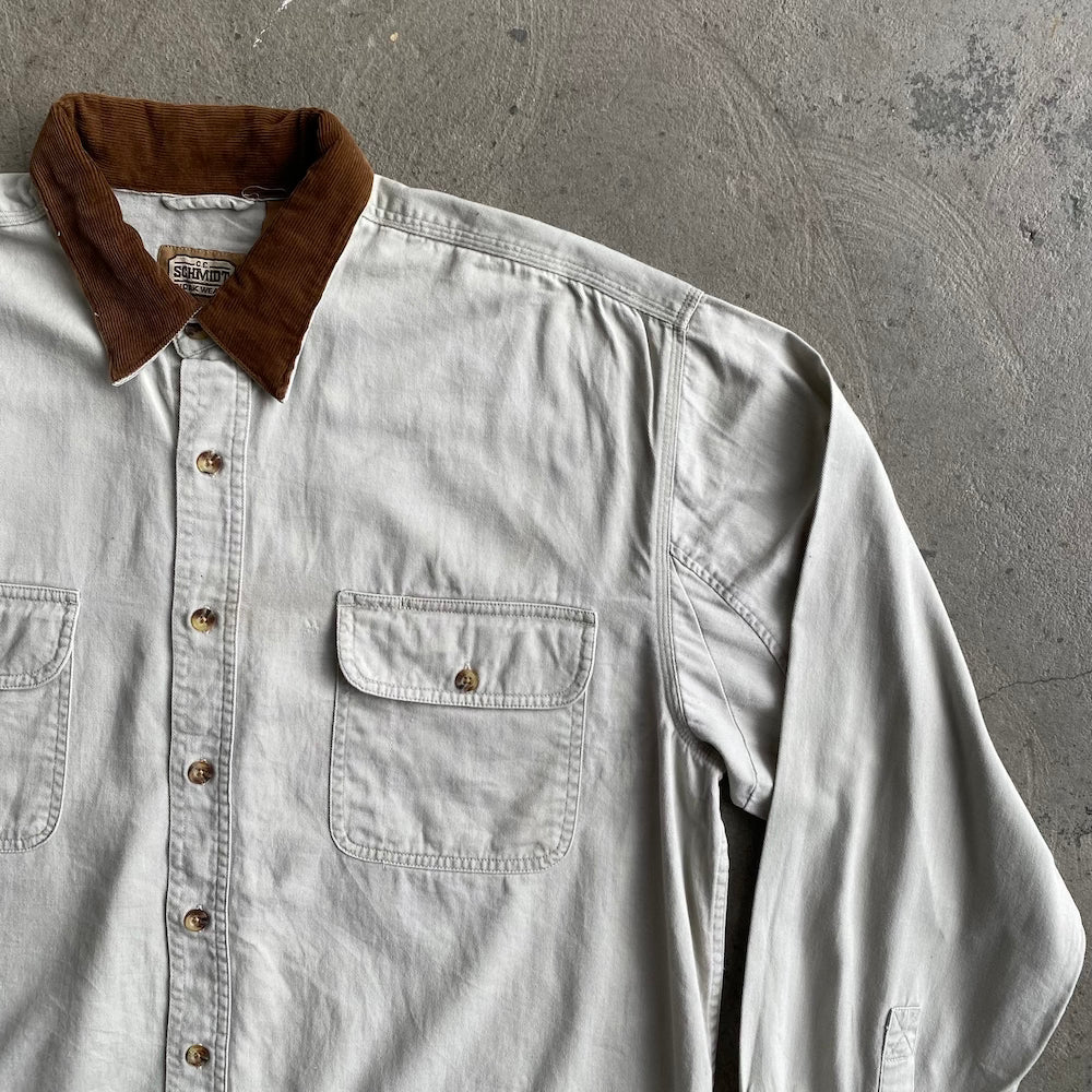 Beige Long sleeve Brown Corduroy Collar Button Up