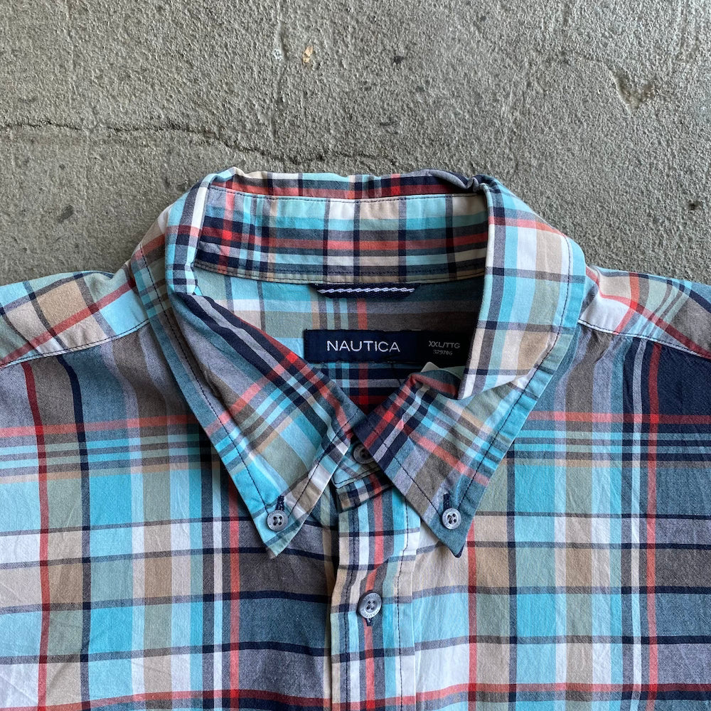 Nautica Aqua/Red Tartan Short Sleeve Button Up