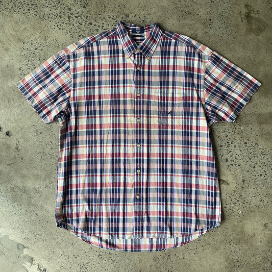 Nautica Navy/Red/Yellow Plaid Short Sleeve Button Up
