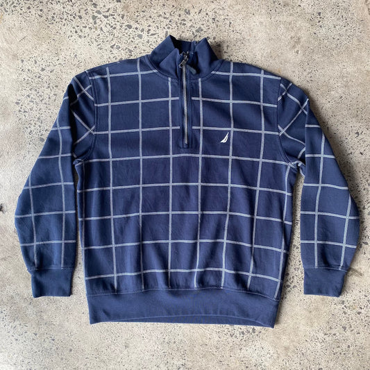 Nautica Grid Navy Blue Vintage Quarter Zip Sweater